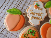 decorated sugar cookies, peach themed One Sweet Peach themed cookie set by 23sweets.com