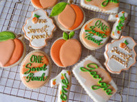 decorated sugar cookies, peach themed One Sweet Peach themed cookie set by 23sweets.com