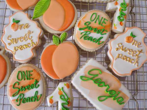 decorated sugar cookies, peach themed One Sweet Peach themed cookie set by 23sweets.com