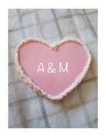Pink Bridal/ heart wedding with or without initials COOKIES with white non pareils border royal icing DECORATED -COOKIES heart cookies