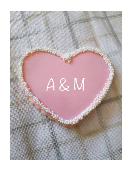 Pink Bridal/ heart wedding with or without initials COOKIES with white non pareils border royal icing DECORATED -COOKIES heart cookies