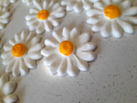 DAISIES, approx 2 inch diameter, ROYAL  pink centers, ICING DAISY FLOWERS for cakes, cupcakes or cookies, 1 dozen.