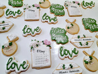 Custom bachelorette themed wedding sugar cookies, bridal cookies, decorated sugar cookies, green pink and white decorated cookies with gold details