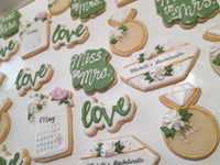 Custom bachelorette themed wedding sugar cookies, bridal cookies, decorated sugar cookies, green pink and white decorated cookies with gold details