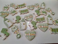 BABY SHOWER COOKIES white, green and gold themed baby shower COOKIES royal icing DECORATED -COOKIES