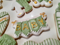 BABY SHOWER COOKIES white, green and gold themed baby shower

COOKIES royal icing DECORATED -COOKIES

baby shower themed cookies with gold detailing

 Baby shower cookies, decorated sugar cookies for baby shower, bakery near me, cookie decorator