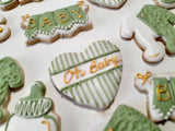 BABY SHOWER COOKIES white, green and gold themed baby shower

COOKIES royal icing DECORATED -COOKIES

baby shower themed cookies with gold detailing

 Baby shower cookies, decorated sugar cookies for baby shower, bakery near me, cookie decorator