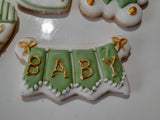 BABY SHOWER COOKIES white, green and gold themed baby shower COOKIES royal icing DECORATED -COOKIES
