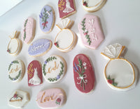 Bridal/ wedding pastel floral, wildflowers,  white with Gold accents COOKIES  royal icing DECORATED -COOKIES