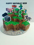 Cake, gamers themed, 8 inch square cake, WITH cardstock characters and wording, carved cake design, delivery not needed