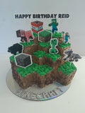 Cake, gamers themed, 8 inch square cake, WITH cardstock characters and wording, carved cake design, delivery not needed