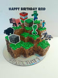 Cake, gamers themed, 8 inch square cake, WITH cardstock characters and wording, carved cake design, delivery not needed