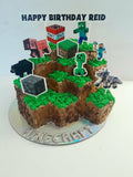 Cake, gamers themed, 8 inch square cake, WITH cardstock characters and wording, carved cake design, delivery not needed