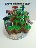 Cake, gamers themed, 8 inch square cake, WITH cardstock characters and wording, carved cake design, delivery not needed
