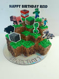 Cake, gamers themed, 8 inch square cake, WITH cardstock characters and wording, carved cake design, delivery not needed