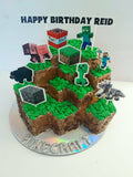 Cake, gamers themed, 8 inch square cake, WITH cardstock characters and wording, carved cake design, delivery not needed
