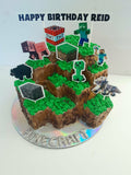 Cake, gamers themed, 8 inch square cake, WITH cardstock characters and wording, carved cake design, delivery not needed