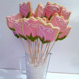 Roses or Tulips on long stem sticks, cello bagged, 1 dozen, long stem roses, rose cookies, tulip cookies
