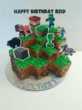 Cake, gamers themed, 8 inch square cake, WITH cardstock characters and wording, carved cake design, delivery not needed