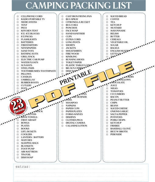 CAMPING PACKING LIST, pdf digital download file, print yourself, 8.5x11 size, letter size