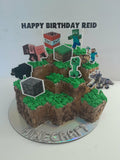 Cake, gamers themed, 8 inch square cake, WITH cardstock characters and wording, carved cake design, delivery not needed