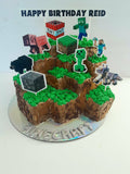 Cake, gamers themed, 8 inch square cake, WITH cardstock characters and wording, carved cake design, delivery not needed