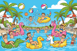 Colorful illustration of children playing in a pool with various inflatable toys and palm trees.