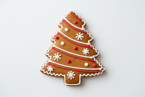 decorated Christmas tree gingerbread cookie in red and white
