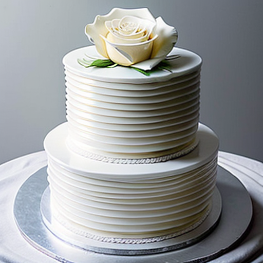 Ridged, simple 2 tier wedding cake with single faux rose, 6 and 8 inch round tiers