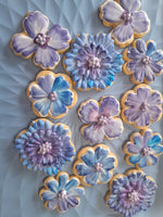 royal iced decorated floral cookies in blue and mauve tones, by 23sweets.com