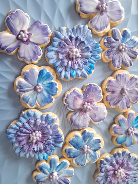 royal iced decorated floral cookies in blue and mauve tones, by 23sweets.com