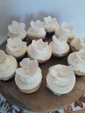 Cupcakes, by the dozen, 1 dozen, white wedding cupcakes with hand shaped gumpaste flower