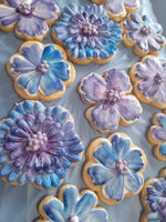 royal iced decorated floral cookies in blue and mauve tones, by 23sweets.com