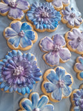 royal iced decorated floral cookies in blue and mauve tones, by 23sweets.com