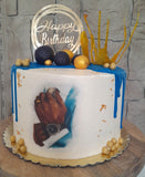 Custom masculine themed 8 inch round cake, fondant motifs cake, with topper