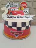 Custom car themed cake, fondant motifs cake, with topper