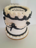 CAKE, birthday cake, round cake, cake, simple vintage look, white with black details