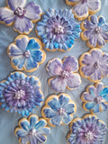 royal iced decorated floral cookies in blue and mauve tones, by 23sweets.com