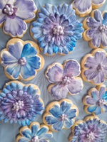 royal iced decorated floral cookies in blue and mauve tones, by 23sweets.com
