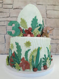Cake, 8 inch, Dino cake, hidden surprize buttercream,with fondant details