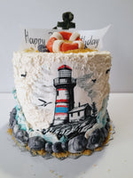 Birthday cake, lighthouse cake, ocean themed, 6 inch round