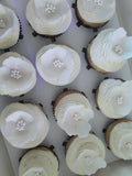 Cupcakes, by the dozen, 1 dozen, white wedding cupcakes with hand shaped gumpaste flower