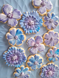 royal iced decorated floral cookies in blue and mauve tones, by 23sweets.com