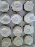 Cupcakes, by the dozen, 1 dozen, white wedding cupcakes with hand shaped gumpaste flower