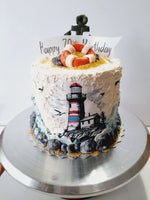 Birthday cake, lighthouse cake, ocean themed, 6 inch round