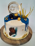 Custom masculine themed 8 inch round cake, fondant motifs cake, with topper