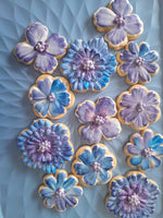 royal iced decorated floral cookies in blue and mauve tones, by 23sweets.com