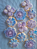 royal iced decorated floral cookies in blue and mauve tones, by 23sweets.com