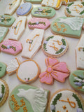Cookies Bridal/ wedding pink , sage green with gold accents floral, wildflowers,  COOKIES  royal icing DECORATED -COOKIES)