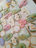 Cookies Bridal/ wedding pink , sage green with gold accents floral, wildflowers,  COOKIES  royal icing DECORATED -COOKIES)